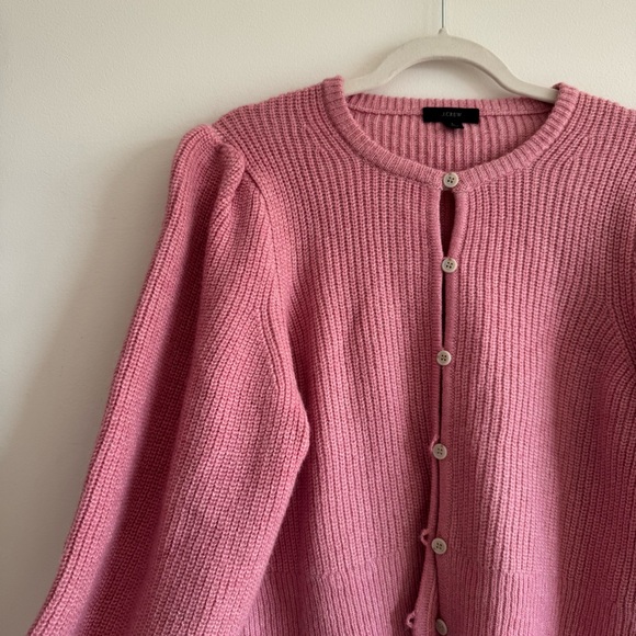 J. Crew | Wool Alpaca Baby Pink Puff Sleeve Cardigan Sweater ~ Large - Picture 8 of 11